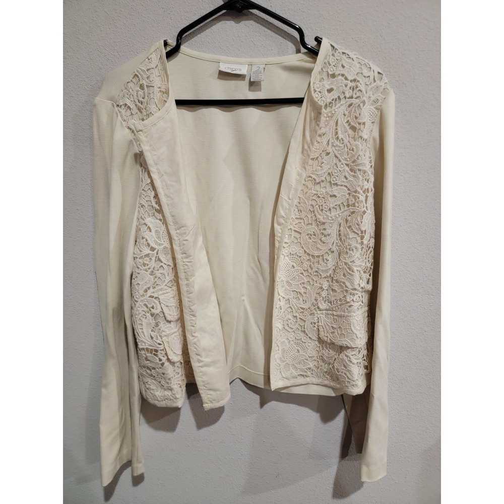 Chicos‎ Women's 2 / Large Open Front Cream Cut Out Lace Crochet Cardigan Jacket